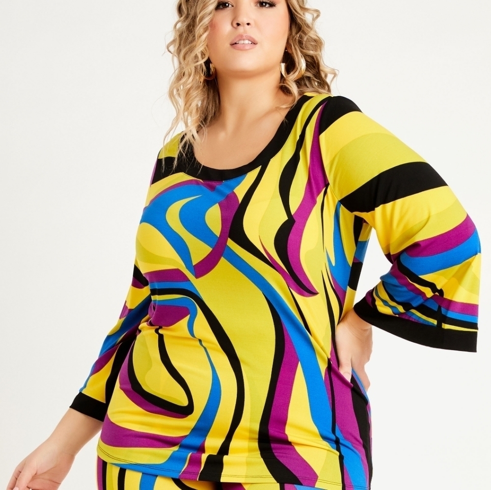 ASHLEY STEWART ABSTRACT PRINT FLARED SLEEVE STRETCH FABRIC BLOUSE 14/16